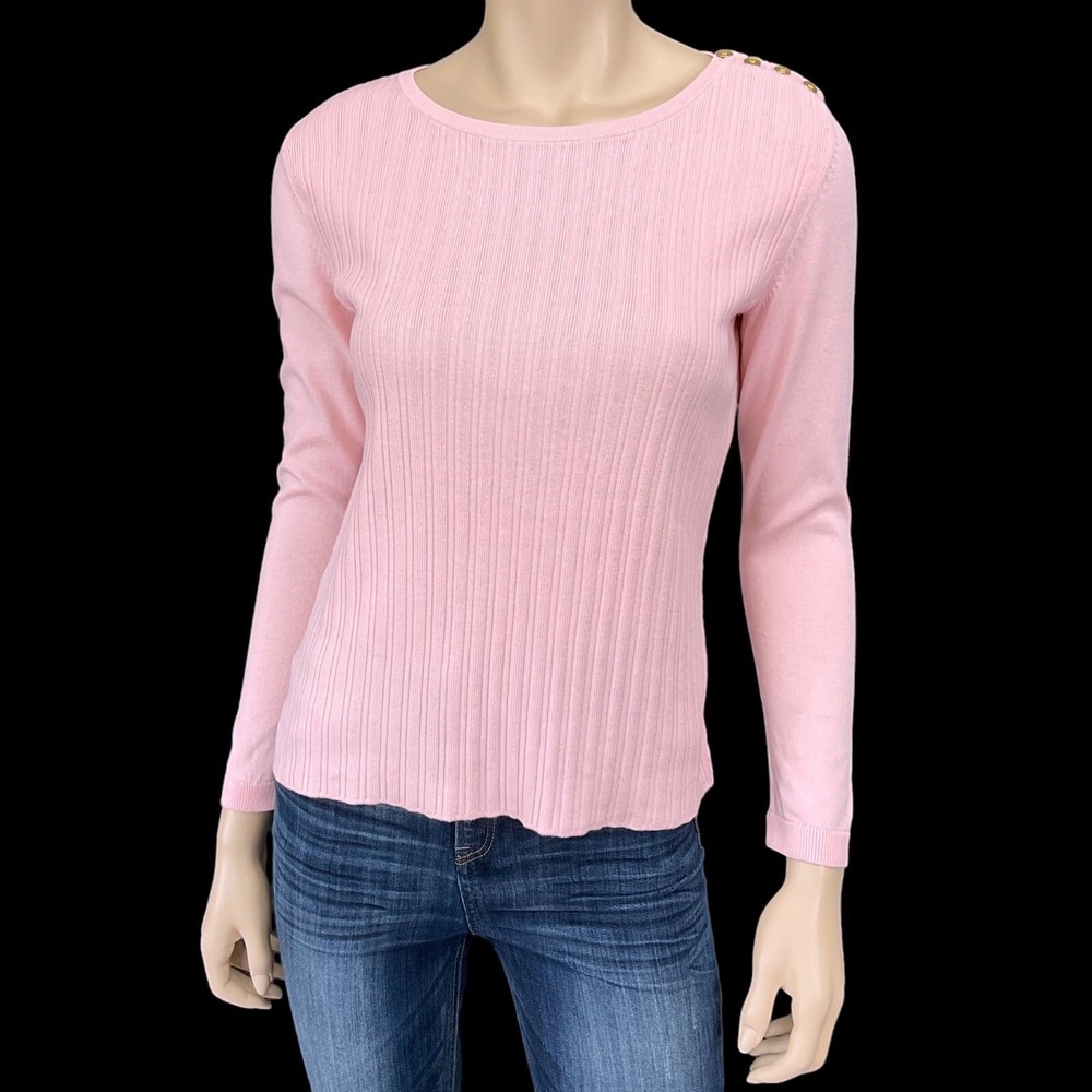 Talbots Sweater‎ Women Small Petite Pink Long Sleeve Rib Embellished Button